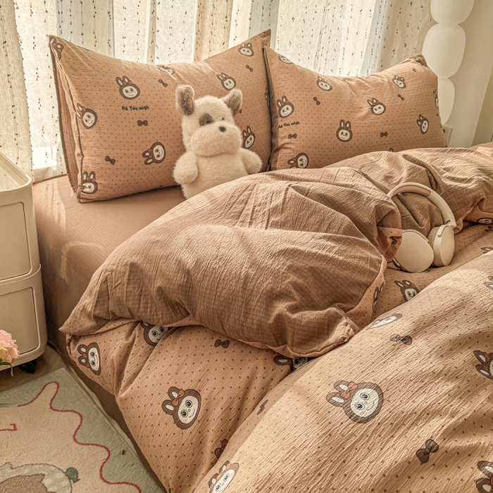 91家纺网 家纺一手货源 找家纺 温眠家纺 2025新款云感针织双层纱四件套-第二波 咖啡布布