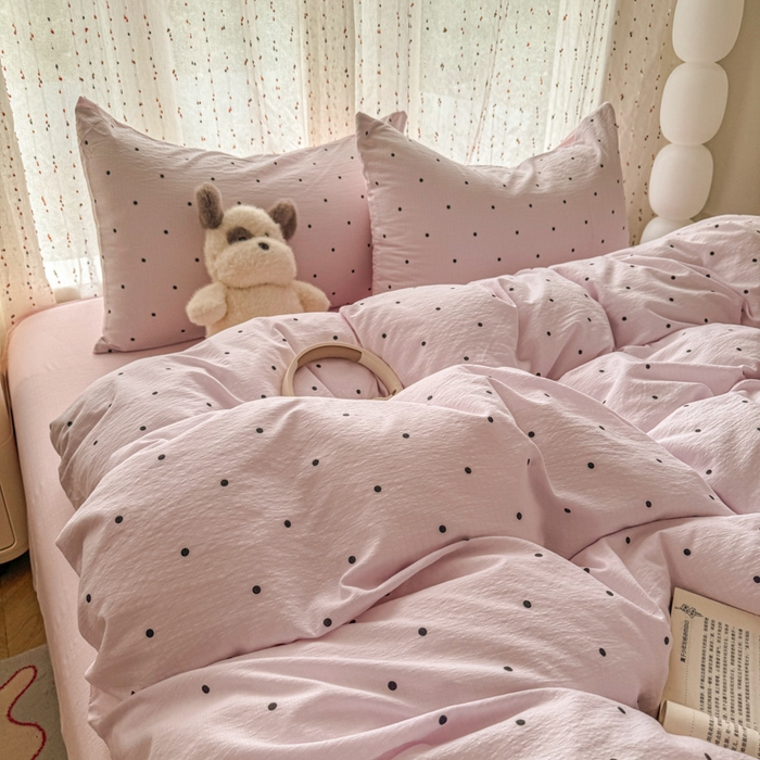 91家纺网 家纺一手货源 找家纺 温眠家纺 2025新款云感针织双层纱四件套-第二波 奶昔波点