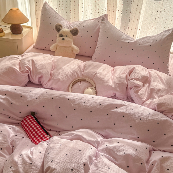 91家纺网 家纺一手货源 找家纺 温眠家纺 2025新款云感针织双层纱四件套-第二波 奶昔波点