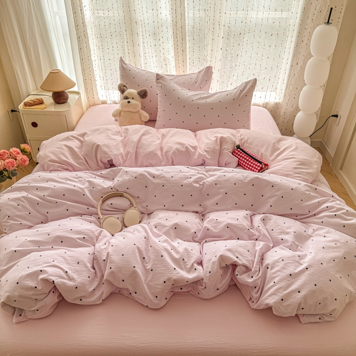 91家纺网 家纺一手货源 找家纺 温眠家纺 2025新款云感针织双层纱四件套-第二波 奶昔波点