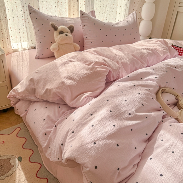 91家纺网 家纺一手货源 找家纺 温眠家纺 2025新款云感针织双层纱四件套-第二波 奶昔波点