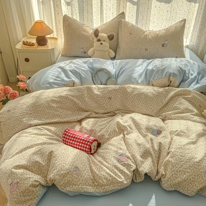 91家纺网 家纺一手货源 找家纺 温眠家纺 2025新款云感针织双层纱四件套-第二波 樱桃小兔