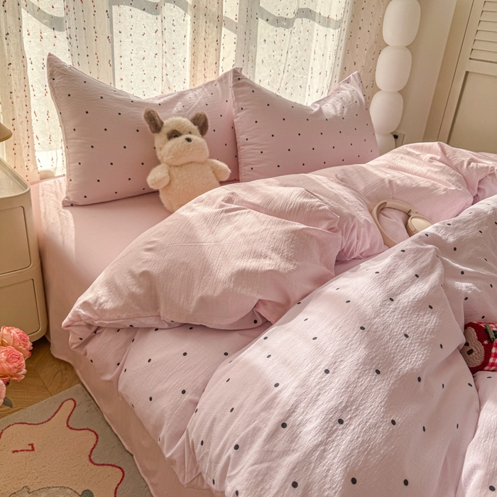 91家纺网 家纺一手货源 找家纺 温眠家纺 2025新款云感针织双层纱四件套-第二波 奶昔波点