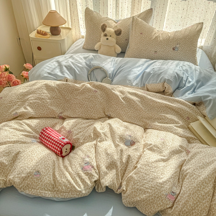 91家纺网 家纺一手货源 找家纺 温眠家纺 2025新款云感针织双层纱四件套-第二波 樱桃小兔