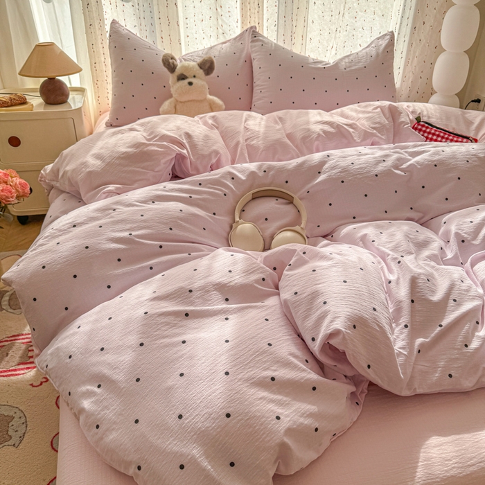 91家纺网 家纺一手货源 找家纺 温眠家纺 2025新款云感针织双层纱四件套-第二波 奶昔波点