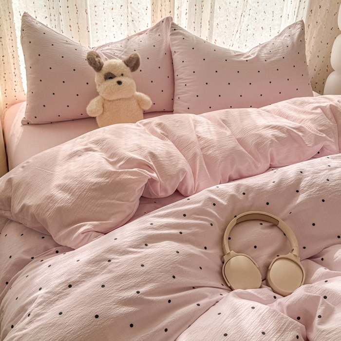 91家纺网 家纺一手货源 找家纺 温眠家纺 2025新款云感针织双层纱四件套-第二波 奶昔波点