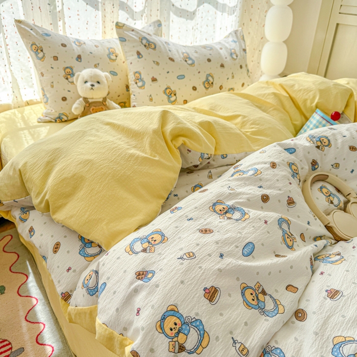 91家纺网 家纺一手货源 找家纺 温眠家纺 2025新款云感针织双层纱四件套-第二波 甜点小熊