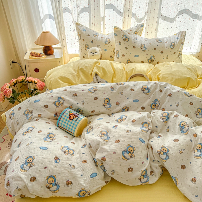 91家纺网 家纺一手货源 找家纺 温眠家纺 2025新款云感针织双层纱四件套-第二波 甜点小熊