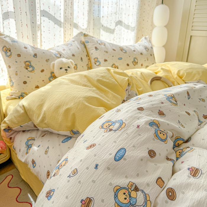 91家纺网 家纺一手货源 找家纺 温眠家纺 2025新款云感针织双层纱四件套-第二波 甜点小熊