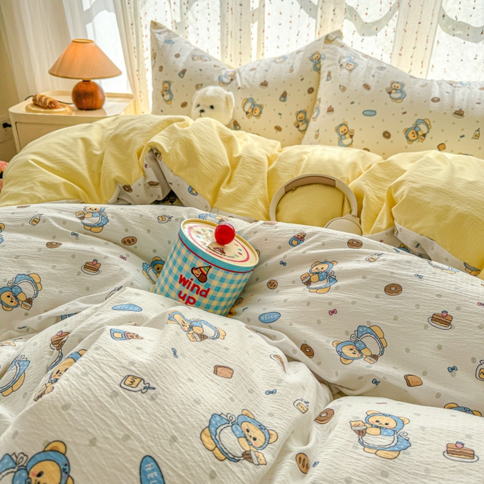 91家纺网 家纺一手货源 找家纺 温眠家纺 2025新款云感针织双层纱四件套-第二波 甜点小熊