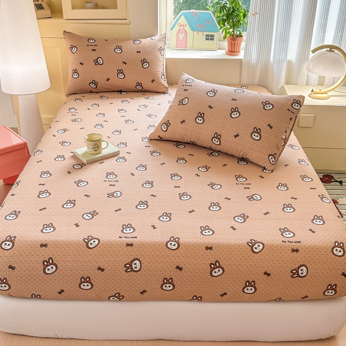 91家纺网 家纺一手货源 找家纺 温眠家纺 2025新款云感皱皱双层纱床笠 咖啡布布