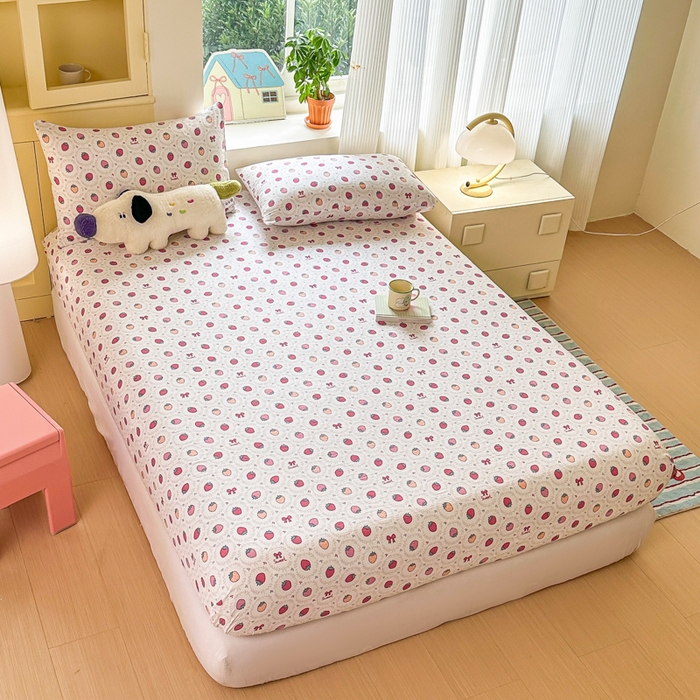 91家纺网 家纺一手货源 找家纺 温眠家纺 2025新款云感皱皱双层纱床笠 芝芝莓莓