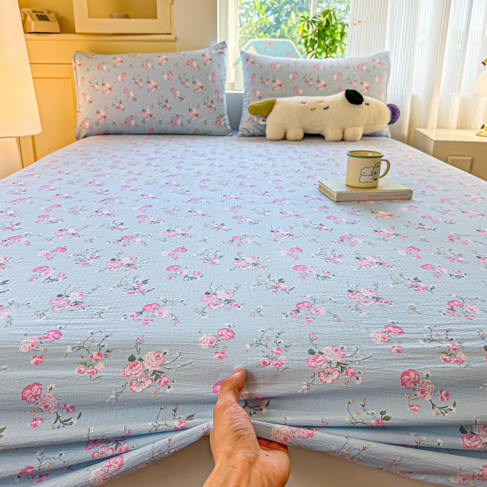 91家纺网 家纺一手货源 找家纺 温眠家纺 2025新款云感皱皱双层纱床笠 蓝溪