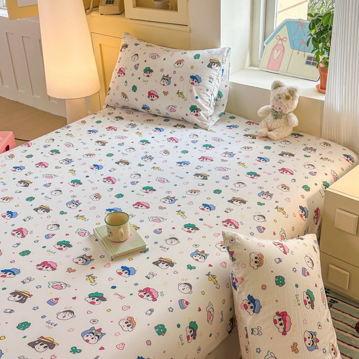 91家纺网 家纺一手货源 找家纺 温眠家纺 2025新款云感皱皱双层纱床笠 快乐家族