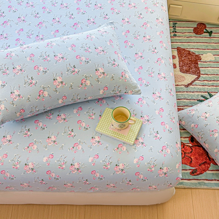 91家纺网 家纺一手货源 找家纺 温眠家纺 2025新款云感皱皱双层纱床笠 蓝溪