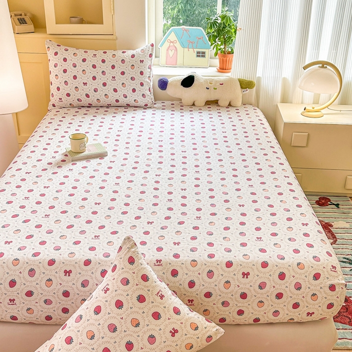 91家纺网 家纺一手货源 找家纺 温眠家纺 2025新款云感皱皱双层纱床笠 芝芝莓莓