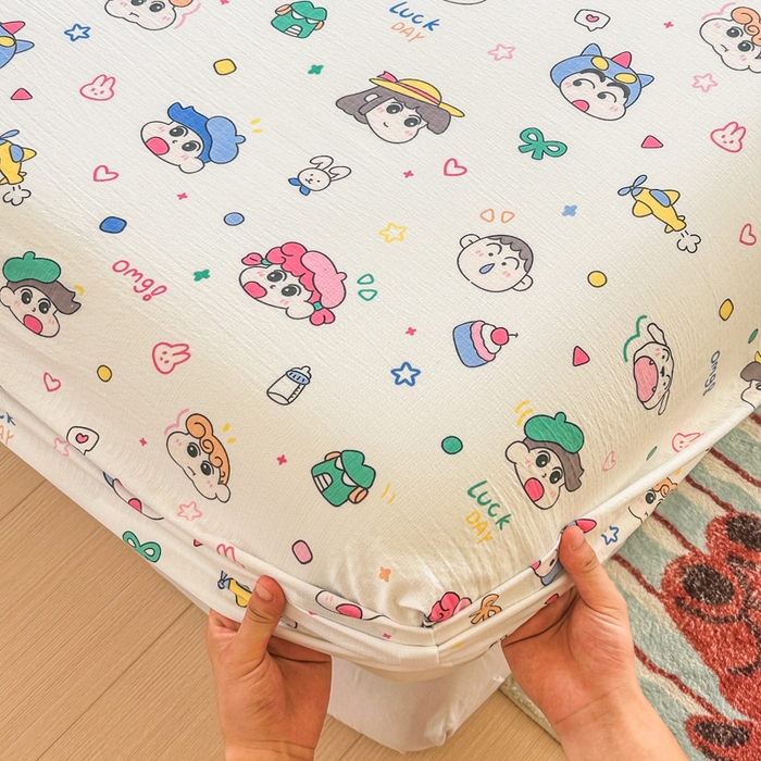 91家纺网 家纺一手货源 找家纺 温眠家纺 2025新款云感皱皱双层纱床笠 快乐家族