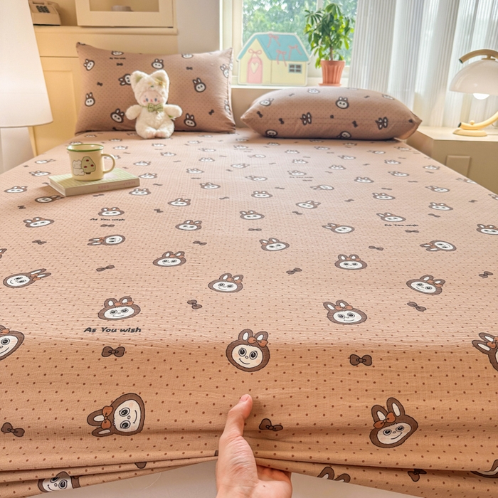 91家纺网 家纺一手货源 找家纺 温眠家纺 2025新款云感皱皱双层纱床笠 咖啡布布