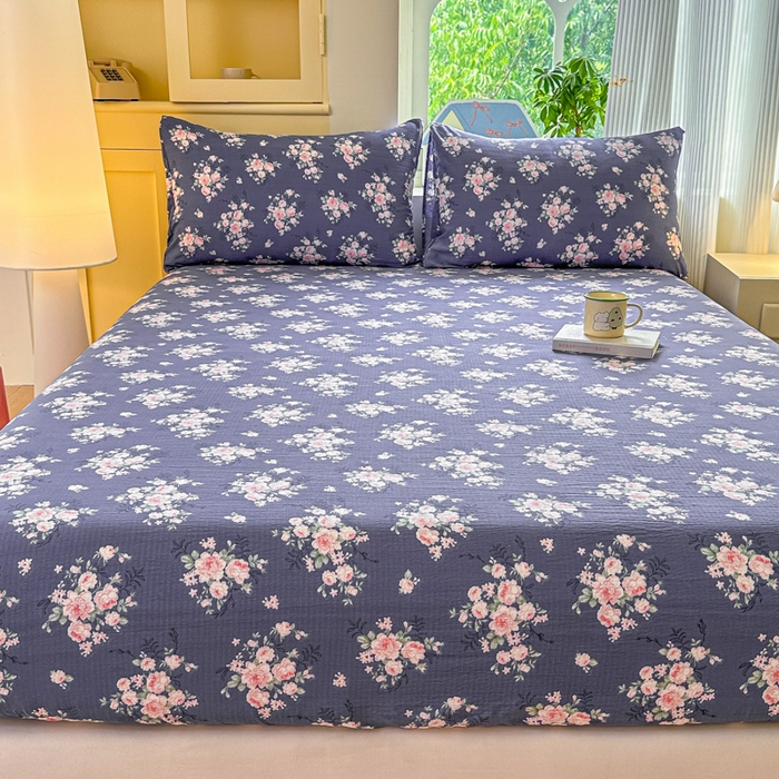 91家纺网 家纺一手货源 找家纺 温眠家纺 2025新款云感皱皱双层纱床笠 花簇