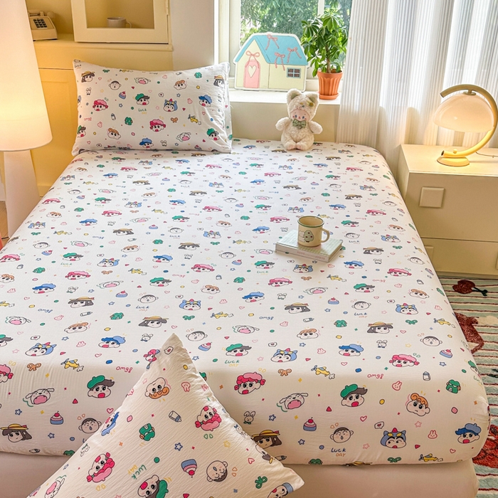 91家纺网 家纺一手货源 找家纺 温眠家纺 2025新款云感皱皱双层纱床笠 快乐家族