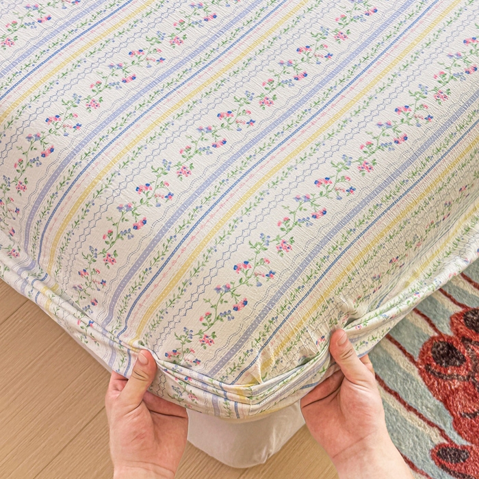 91家纺网 家纺一手货源 找家纺 温眠家纺 2025新款云感皱皱双层纱床笠 洛克庄园