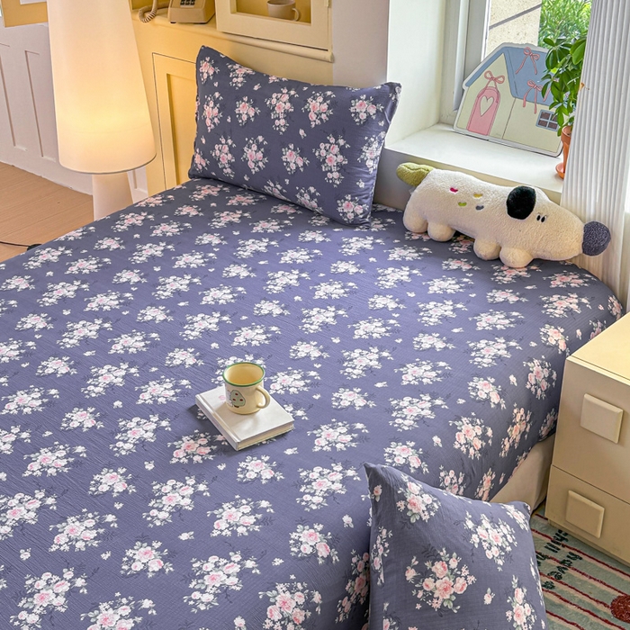 91家纺网 家纺一手货源 找家纺 温眠家纺 2025新款云感皱皱双层纱床笠 花簇