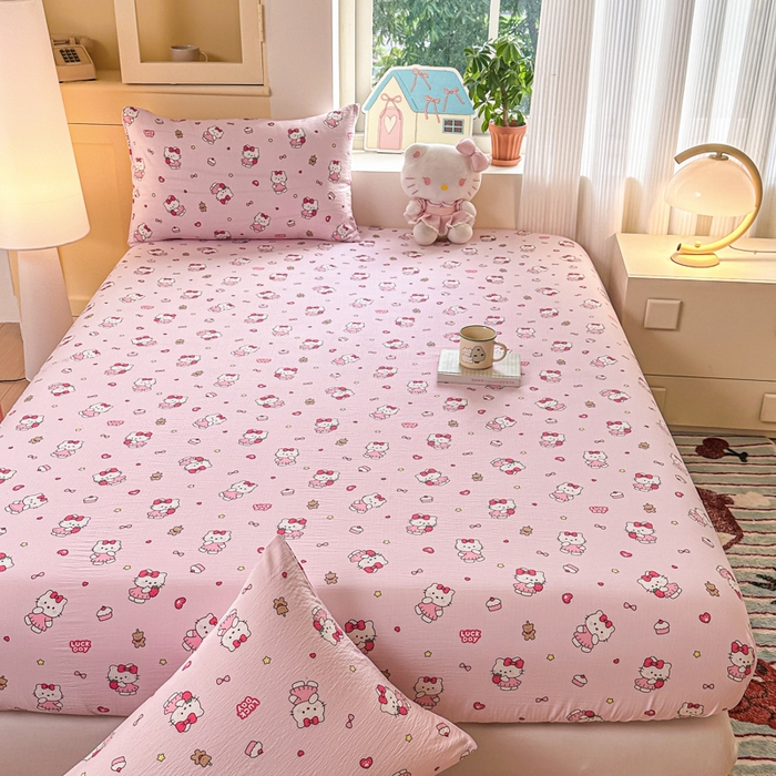 91家纺网 家纺一手货源 找家纺 温眠家纺 2025新款云感皱皱双层纱床笠 喵喵酱