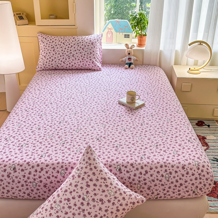 91家纺网 家纺一手货源 找家纺 温眠家纺 2025新款云感皱皱双层纱床笠 甜兔碎花