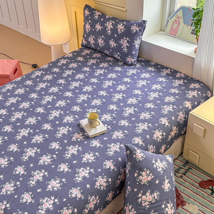 91家纺网 家纺一手货源 找家纺 温眠家纺 2025新款云感皱皱双层纱床笠 花簇