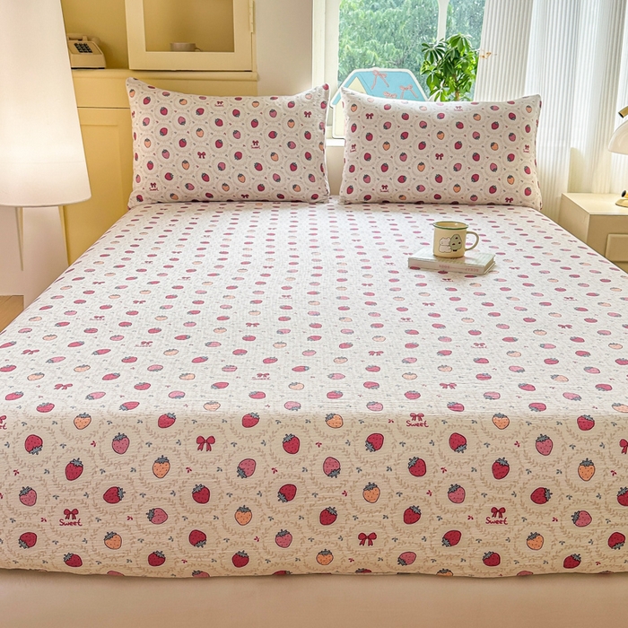 91家纺网 家纺一手货源 找家纺 温眠家纺 2025新款云感皱皱双层纱床笠 芝芝莓莓