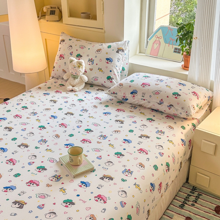 91家纺网 家纺一手货源 找家纺 温眠家纺 2025新款云感皱皱双层纱床笠 快乐家族