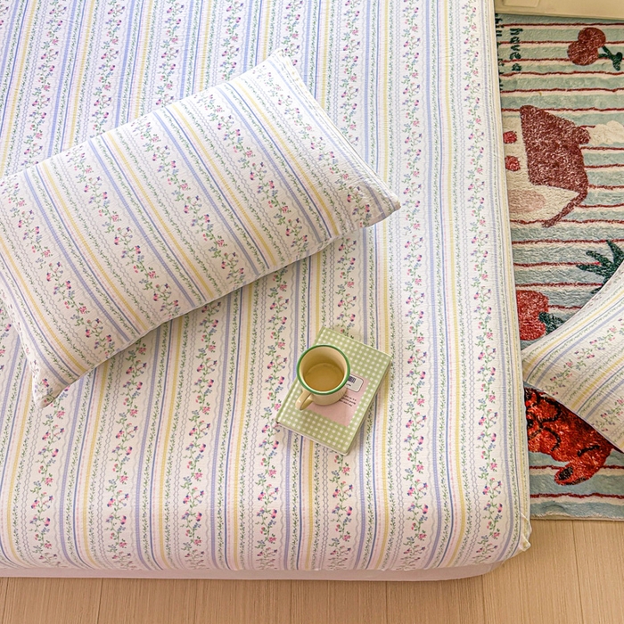 91家纺网 家纺一手货源 找家纺 温眠家纺 2025新款云感皱皱双层纱床笠 洛克庄园