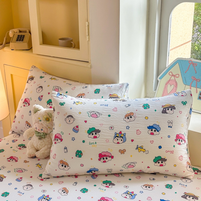 91家纺网 家纺一手货源 找家纺 温眠家纺 2025新款云感皱皱双层纱床笠 快乐家族