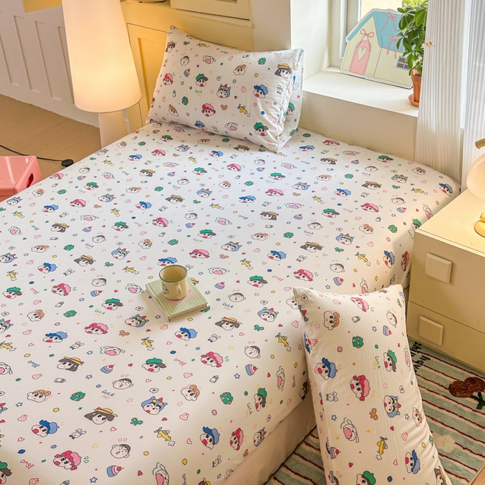 91家纺网 家纺一手货源 找家纺 温眠家纺 2025新款云感皱皱双层纱床笠 快乐家族