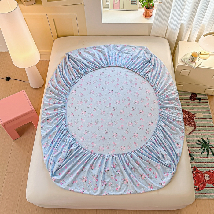 91家纺网 家纺一手货源 找家纺 温眠家纺 2025新款云感皱皱双层纱床笠 蓝溪