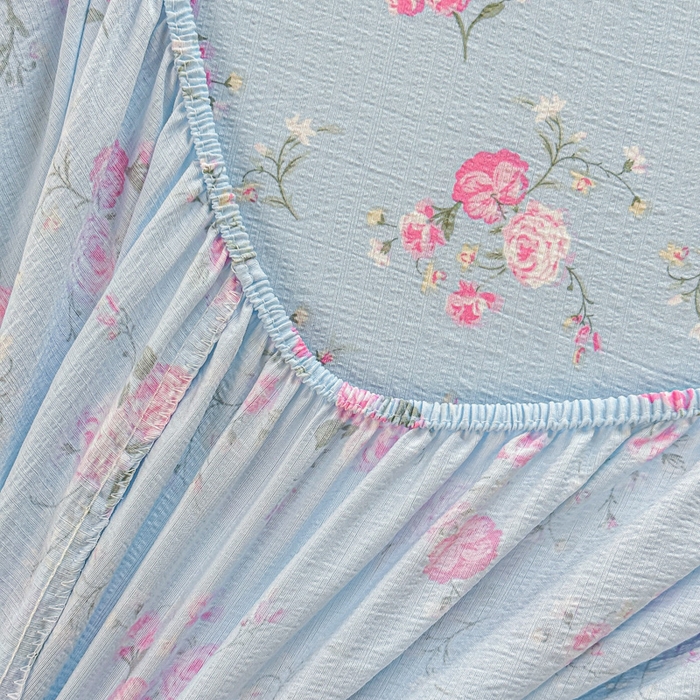 91家纺网 家纺一手货源 找家纺 温眠家纺 2025新款云感皱皱双层纱床笠 蓝溪