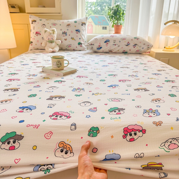 91家纺网 家纺一手货源 找家纺 温眠家纺 2025新款云感皱皱双层纱床笠 快乐家族