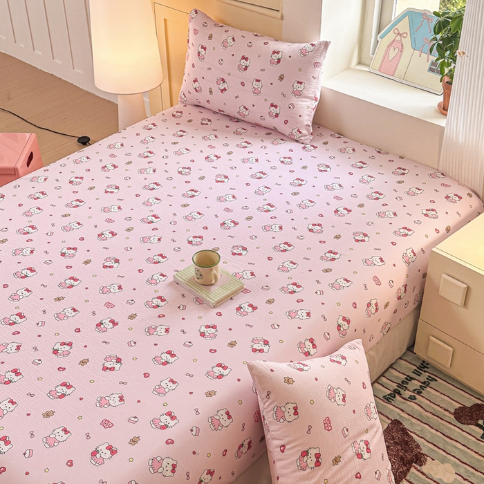 91家纺网 家纺一手货源 找家纺 温眠家纺 2025新款云感皱皱双层纱床笠 喵喵酱