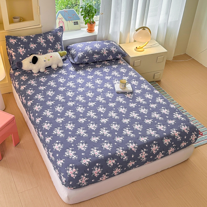 91家纺网 家纺一手货源 找家纺 温眠家纺 2025新款云感皱皱双层纱床笠 花簇