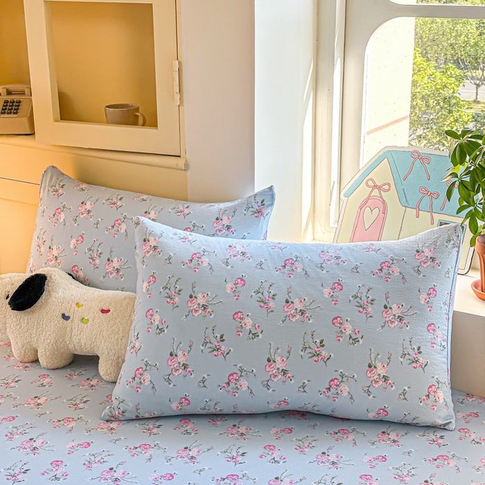 91家纺网 家纺一手货源 找家纺 温眠家纺 2025新款云感皱皱双层纱床笠 蓝溪