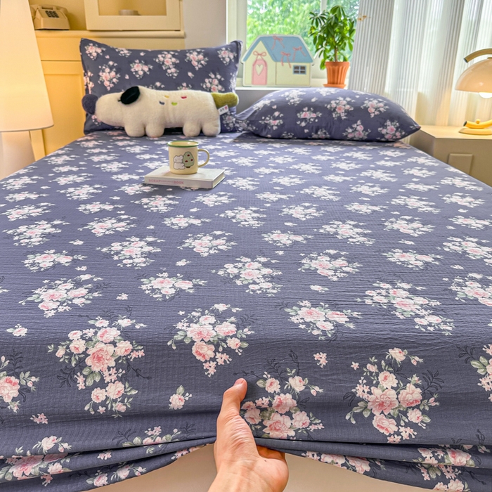 91家纺网 家纺一手货源 找家纺 温眠家纺 2025新款云感皱皱双层纱床笠 花簇