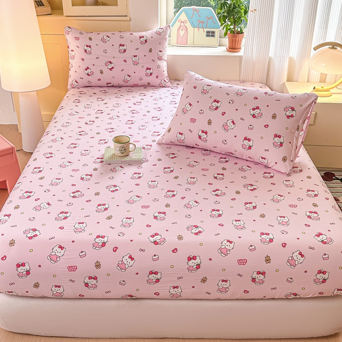 91家纺网 家纺一手货源 找家纺 温眠家纺 2025新款云感皱皱双层纱床笠 喵喵酱