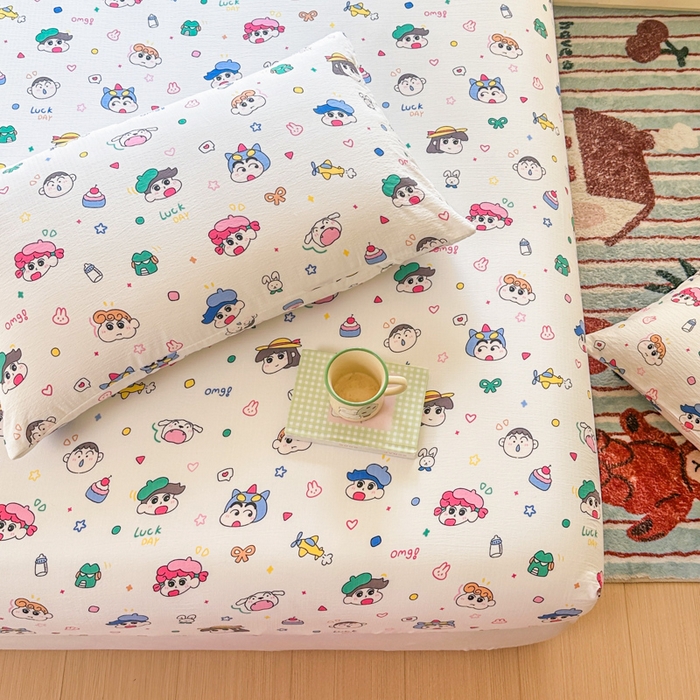 91家纺网 家纺一手货源 找家纺 温眠家纺 2025新款云感皱皱双层纱床笠 快乐家族