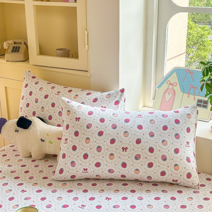 91家纺网 家纺一手货源 找家纺 温眠家纺 2025新款云感皱皱双层纱床笠 芝芝莓莓