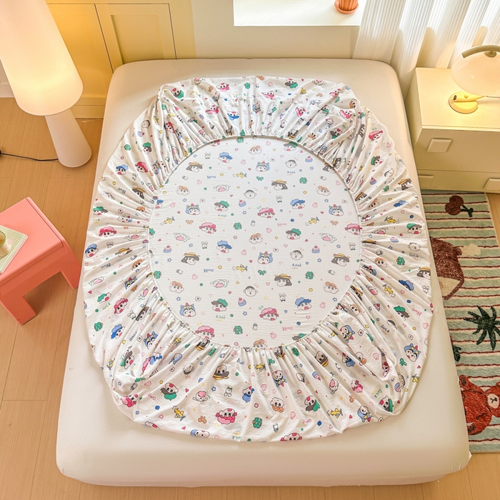 91家纺网 家纺一手货源 找家纺 温眠家纺 2025新款云感皱皱双层纱床笠 快乐家族