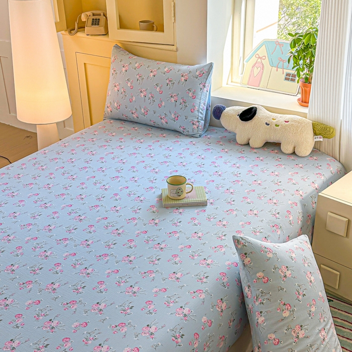 91家纺网 家纺一手货源 找家纺 温眠家纺 2025新款云感皱皱双层纱床笠 蓝溪