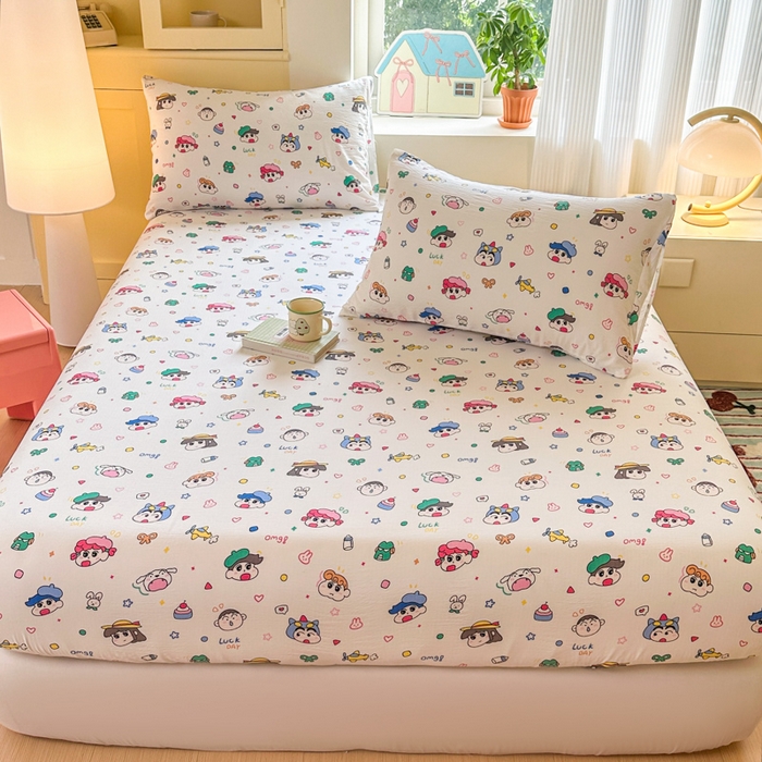 91家纺网 家纺一手货源 找家纺 温眠家纺 2025新款云感皱皱双层纱床笠 快乐家族