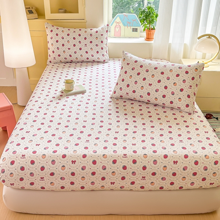 91家纺网 家纺一手货源 找家纺 温眠家纺 2025新款云感皱皱双层纱床笠 芝芝莓莓