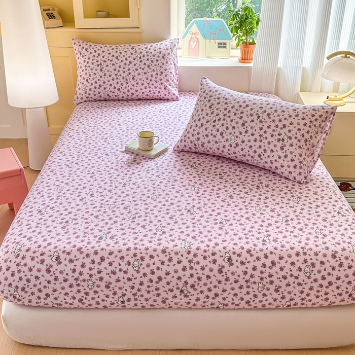 91家纺网 家纺一手货源 找家纺 温眠家纺 2025新款云感皱皱双层纱床笠 甜兔碎花