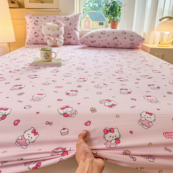 91家纺网 家纺一手货源 找家纺 温眠家纺 2025新款云感皱皱双层纱床笠 喵喵酱